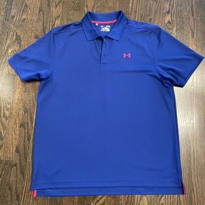 Under Armour Mens Blue Pink Logo Polo Shirt Golf  Extra Large XL Loose Heat Gear